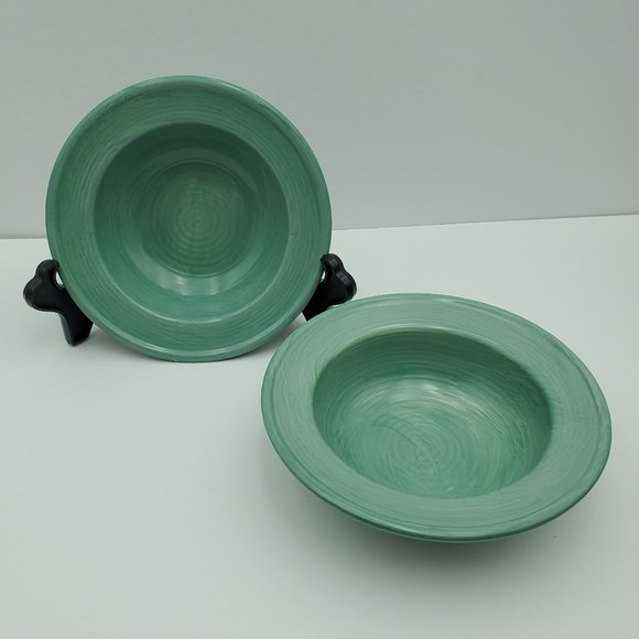 Pfaltzgraff Stonewash Green Rimmed Soup Cereal Bowls Green Swirl Bowls - Picture 1 of 7